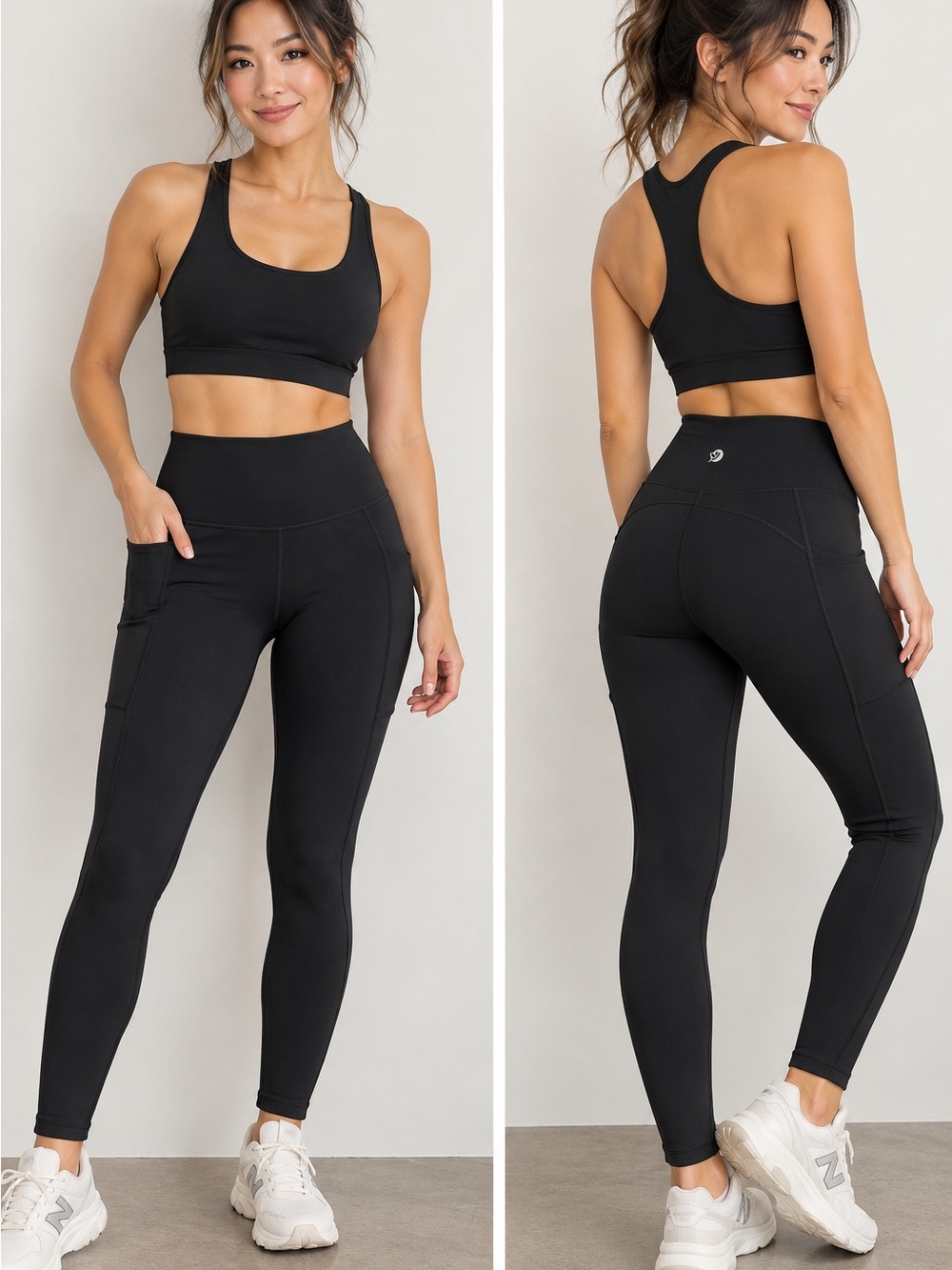 Black High Waisted Leggings Side & Hidden Pockets Size L
